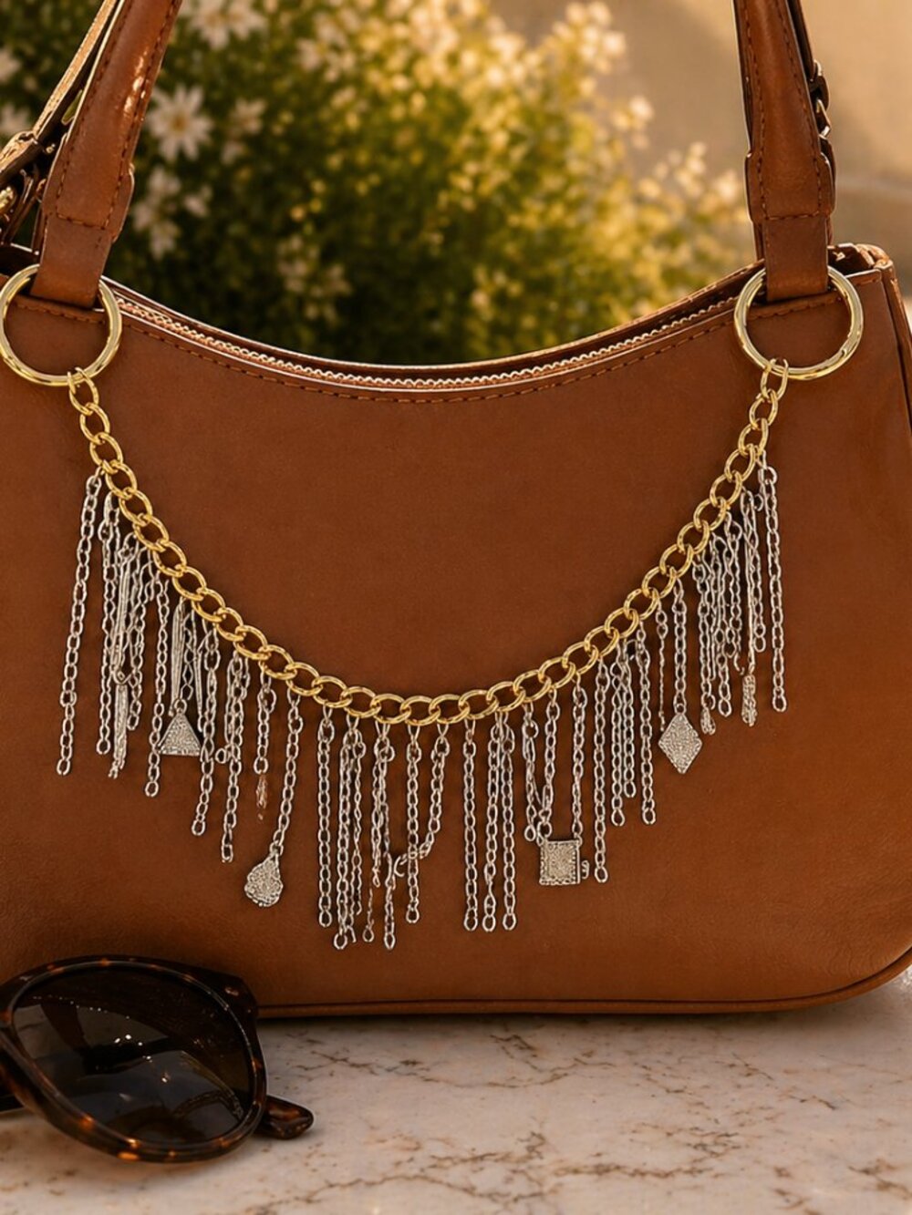 Chain bag charm with cascading fringe detail